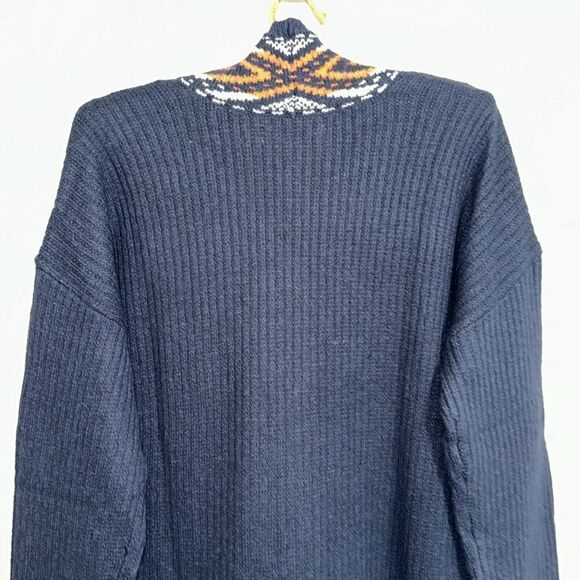 Lucky Brand Navy Orange White Gold Aztec Ribbed Knit Open Front Pocket Cardigan - Picture 4 of 12
